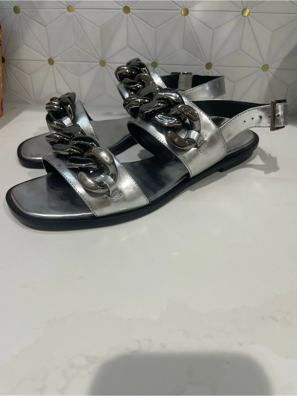 Tory Burch Metallic Silver Chain-Link Sandals